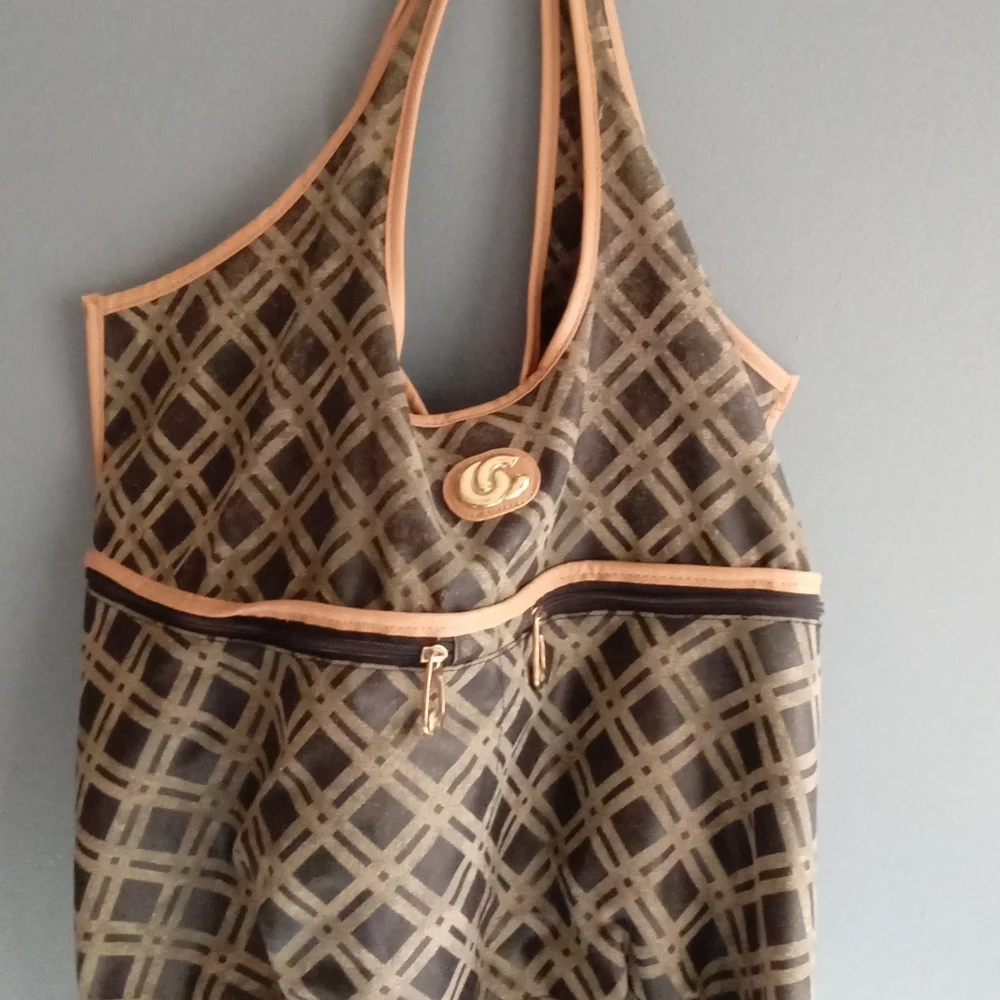 Designer Canvas Tote Bag Geometric Print Tan Beige‎ Zipper Pockets